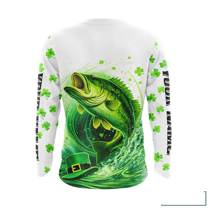 Personalized St Patrick's Day Shirts Largemouth Bass Fishing Long Sleeve, Custom Bass Fishing Jerseys NBT383