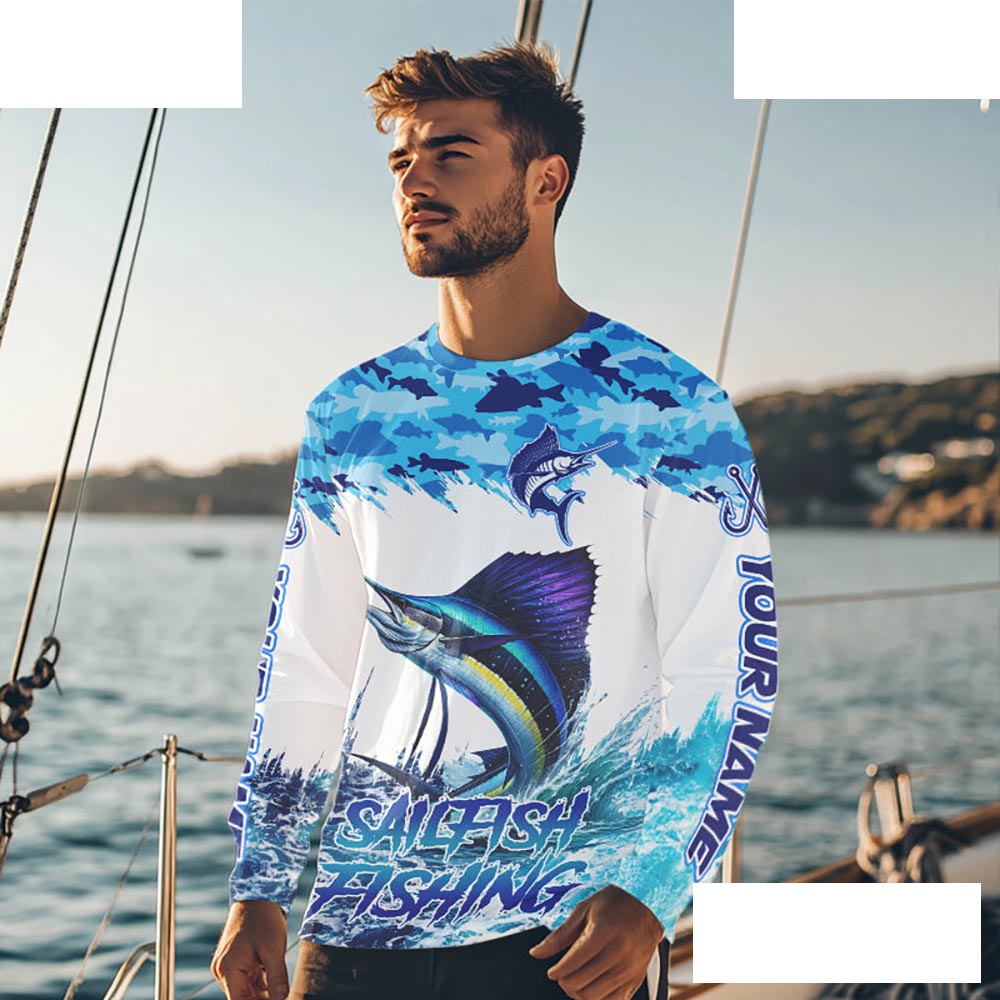 Sailfish fishing Blue sea camo Custom UV protection fishing long sleeve shirt, Sailfish Fishing jersey NQS9342