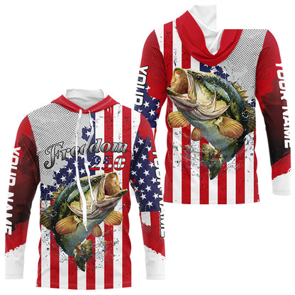 Freedom 250 Bass Long Sleeve Hooded Fishing Shirts American Flag Fishing, Custom Bass Shirts With US Flag NBT374