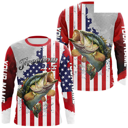 Freedom 250 Bass Fishing Shirts Long Sleeve American Flag Fishing, Custom Bass Shirts With US Flag NBT374