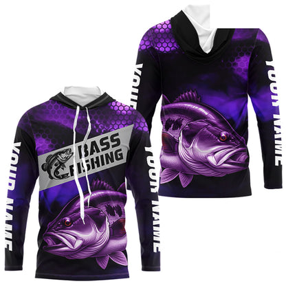Purple Largemouth Bass Long Sleeve Hooded Fishing Shirts, Custom Big Bass Fishing Jerseys NBT379