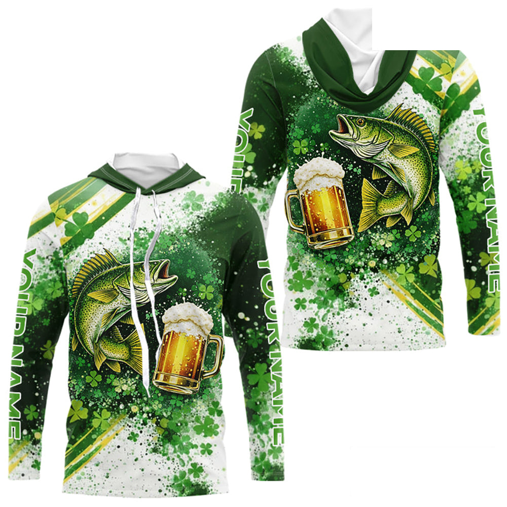 St Patrick Day Walleye Mens Long Sleeve Hooded Fishing Shirts UV Protetion, Walleye Fishing Shirts NBT384