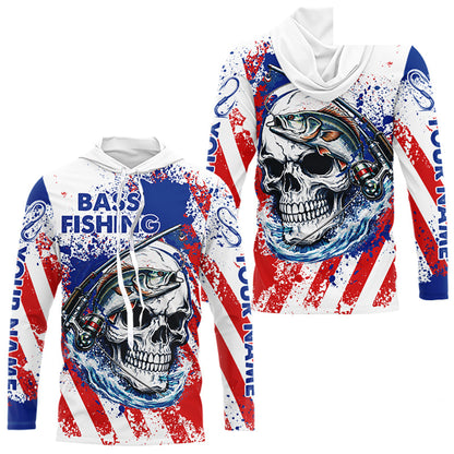 Custom American Flag Fishing Shirts Largemouth Bass Fishing Long Sleeve with Hood, Bass Fishing Shirts For Men NBT385