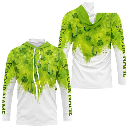 Personalized St Patrick's Day Shirts Fish Hook Long Sleeve Hooded Fishing Shirts, Mens Fishing Outfit NBT386