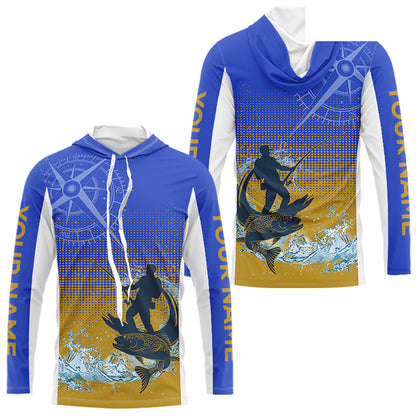 Trout Fishing Shirts Long Sleeve Hooded Fisherman Compass Blue And Yellow, Trout Fly Fishing Jerseys NBT389