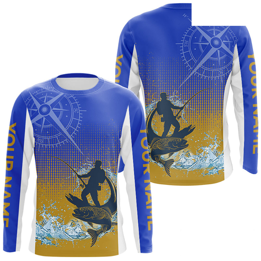 Trout Fishing Shirts Long Sleeve Fisherman Compass Blue And Yellow, Trout Fly Fishing Jerseys NBT389