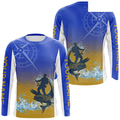 Trout Fishing Shirts Long Sleeve Fisherman Compass Blue And Yellow, Trout Fly Fishing Jerseys NBT389