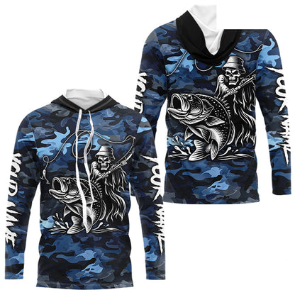 Reaper Fishing Largemouth Bass Long Sleeve Hooded Fishing Shirts Blue Camo, Camo Fishing Shirt NBT391