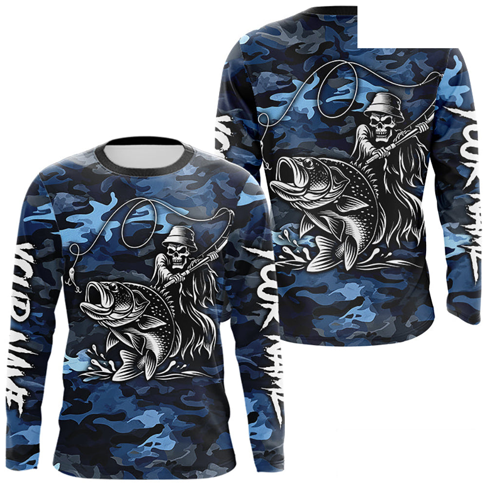 Reaper Fishing Largemouth Bass Long Sleeve Fishing Shirts Blue Camo, Camo Fishing Shirt NBT391