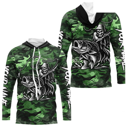 Reaper Fishing Largemouth Bass Long Sleeve Hooded Fishing Shirts Green Camo, Camo Fishing Shirt NBT392