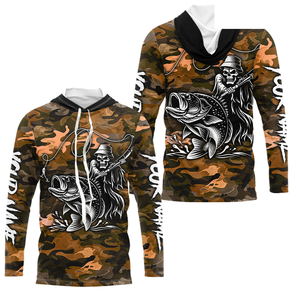 Reaper Fishing Largemouth Bass Long Sleeve Hooded Fishing Shirts Orange Camo, Camo Fishing Shirt NBT393