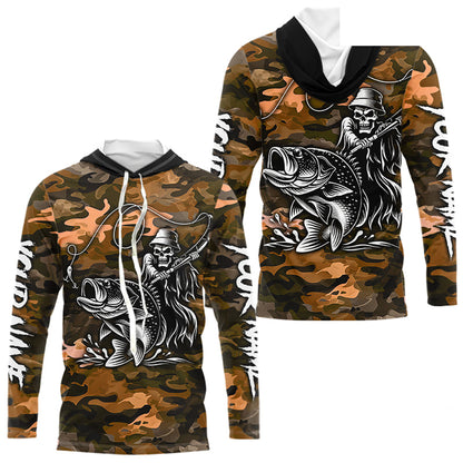 Reaper Fishing Largemouth Bass Long Sleeve Hooded Fishing Shirts Orange Camo, Camo Fishing Shirt NBT393