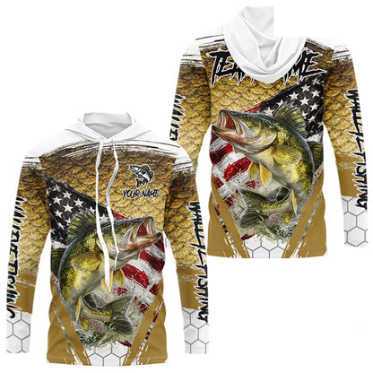 American Flag Walleye Long Sleeve Hooded Fishing Shirts Fish Scale, Custom Patriotric Walleye Fishing Shirts NBT394
