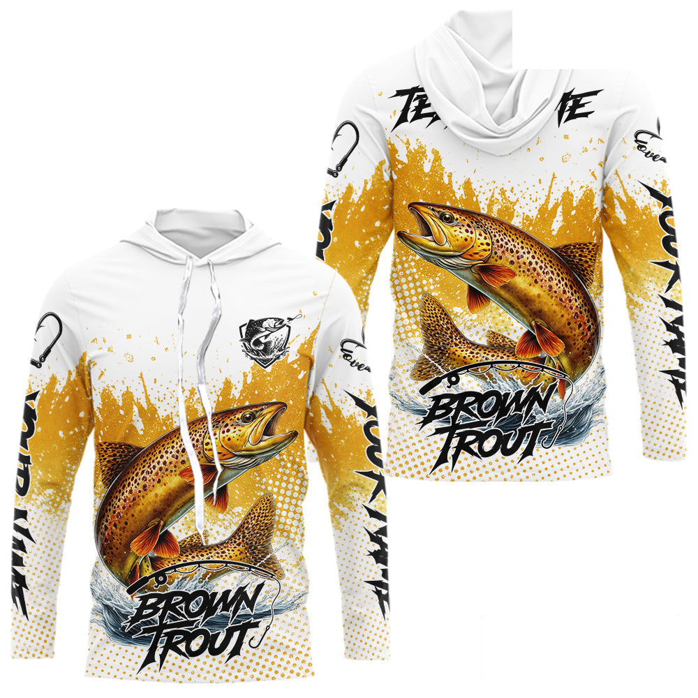 Custom Brown Trout Long Sleeve Hooded Fishing Shirts Yellow Camo Fishing Lures, Custom Fishing Jerseys NBT377