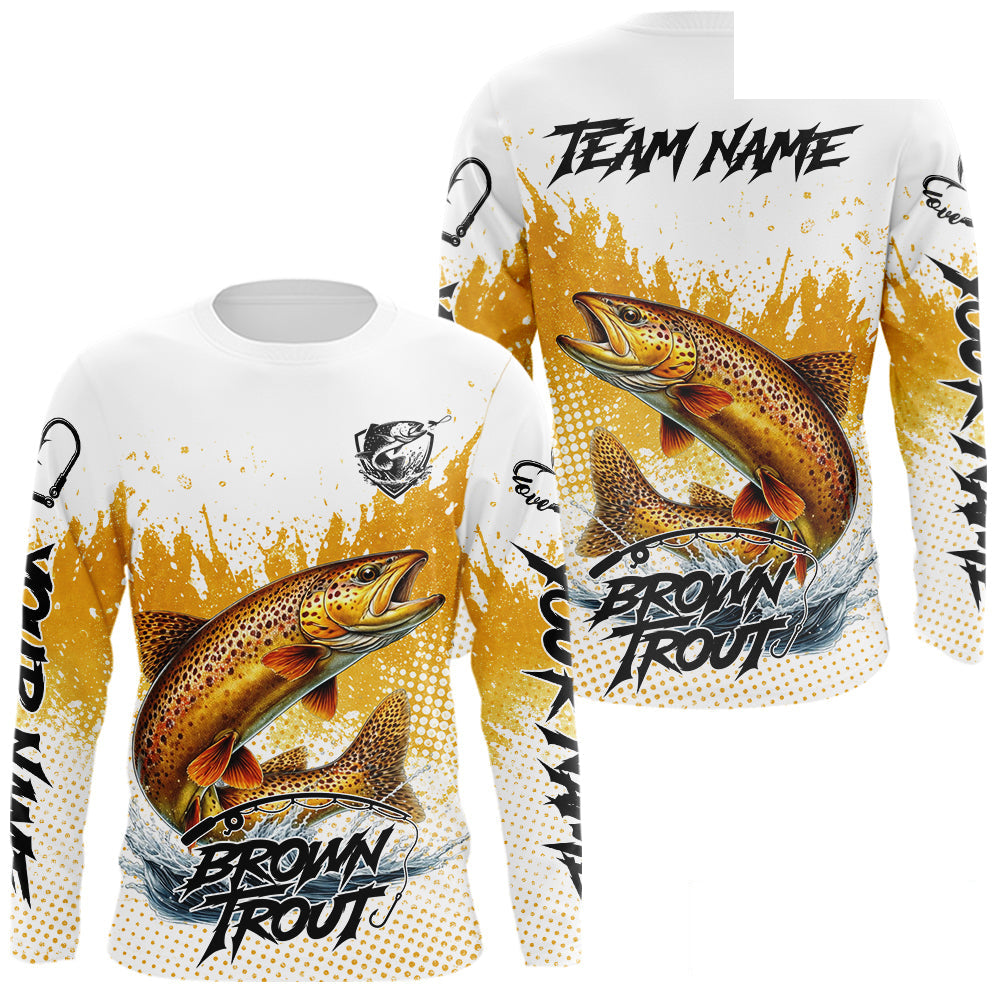 Custom Brown Trout Long Sleeve Fishing Shirts Yellow Camo Fishing Lures, Custom Fishing Jerseys NBT377