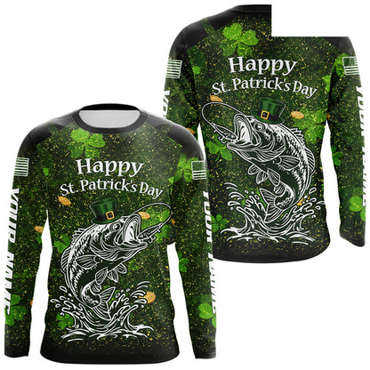 Custom St Patrick's Day American Flag Bass Long Sleeve Fishing Shirts, Patriotric Bass Fishing Jerseys NBT381