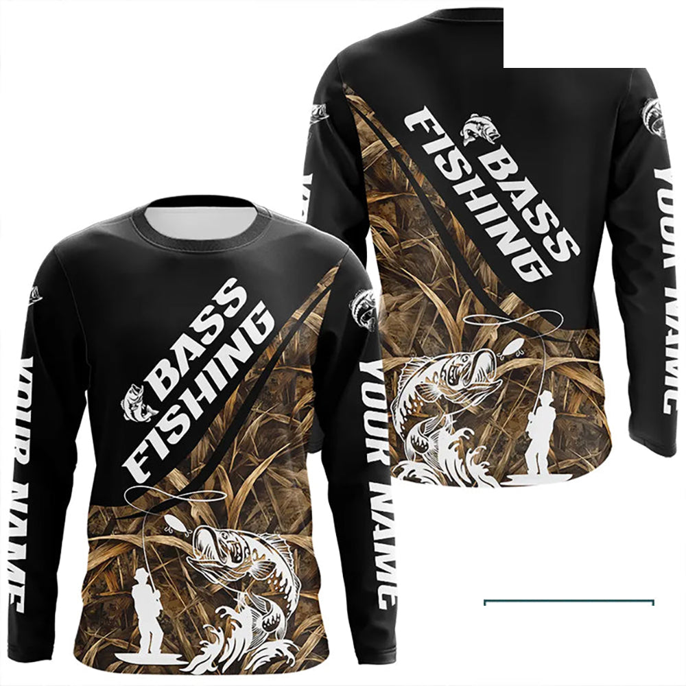 Personalized Largemouth Bass Tatto Grass Camo Customized Long Fishing Tournament Shirts NBT355