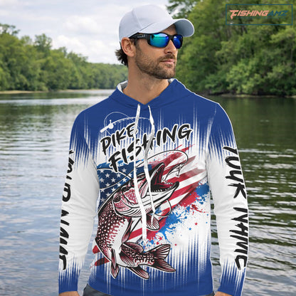 Personalized American Flag Northern Pike Long Sleeve Hooded Shirts, Patriotic Pike Fishing Jerseys|Blue NBT655