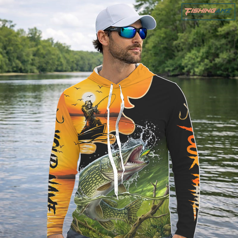 Personalized Fish Reaper Sunset Design Northern Pike Long Sleeve Hooded Shirts NBT675