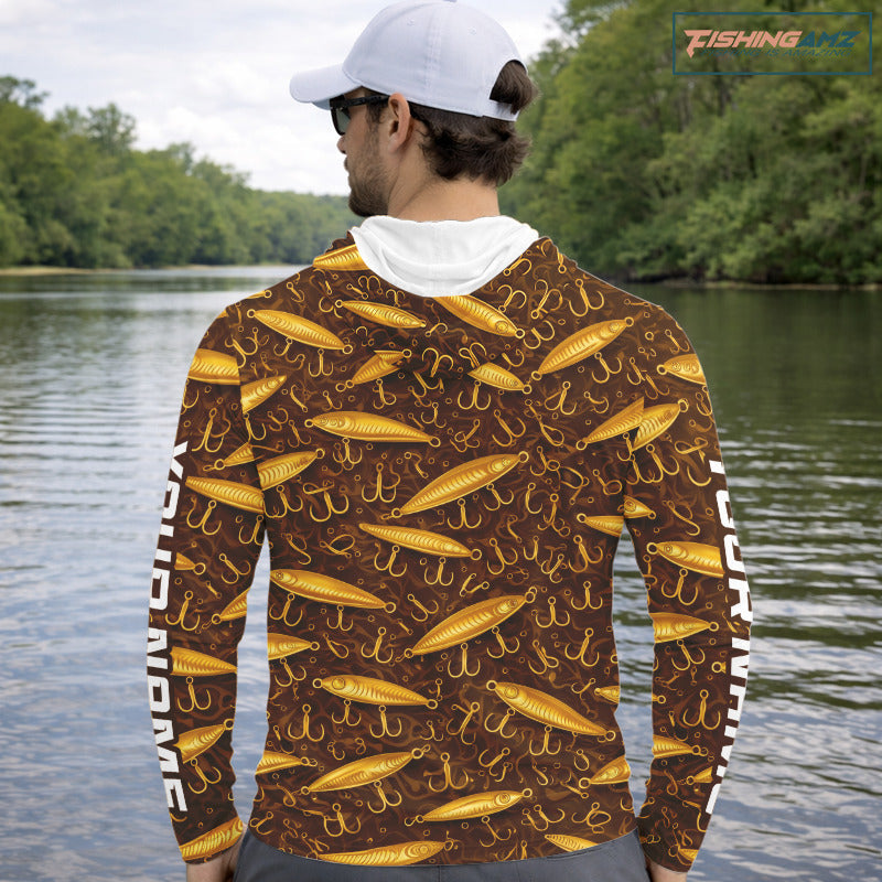 Custom Fishing Lure  Yellow Long Sleeve Hooded Fishing Shirts For Men Custom Name, Mens Fishing Outfit NBT388