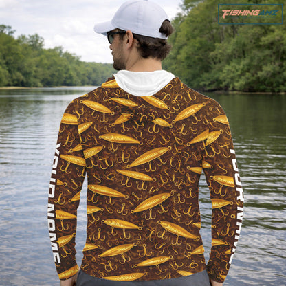 Custom Fishing Lure  Yellow Long Sleeve Hooded Fishing Shirts For Men Custom Name, Mens Fishing Outfit NBT388