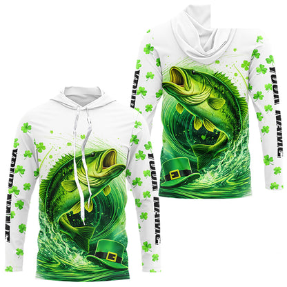 Personalized St Patrick's Day Shirts Largemouth Bass Fishing Long Sleeve Hooded, Custom Bass Fishing Jerseys NBT383