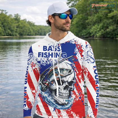 Custom American Flag Fishing Shirts Largemouth Bass Fishing Long Sleeve with Hood, Bass Fishing Shirts For Men NBT385