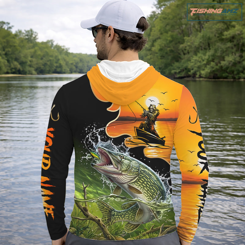 Personalized Fish Reaper Sunset Design Northern Pike Long Sleeve Hooded Shirts NBT675