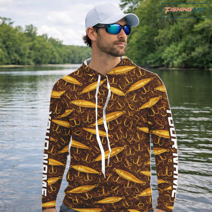 Custom Fishing Lure  Yellow Long Sleeve Hooded Fishing Shirts For Men Custom Name, Mens Fishing Outfit NBT388