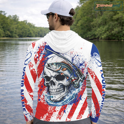 Custom American Flag Fishing Shirts Largemouth Bass Fishing Long Sleeve with Hood, Bass Fishing Shirts For Men NBT385