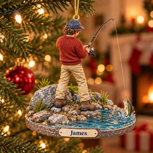 Personalized Fishing Figurine Christmas Acrylic Ornament – Custom Name Gift for Anglers