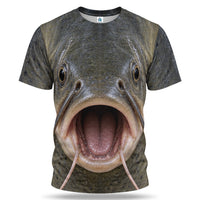 Open Mouth Catfish Face and Whiskers 3D Fishing T-Shirt
