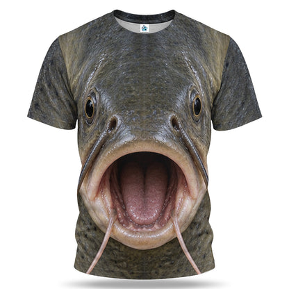 Open Mouth Catfish Face and Whiskers 3D Fishing T-Shirt
