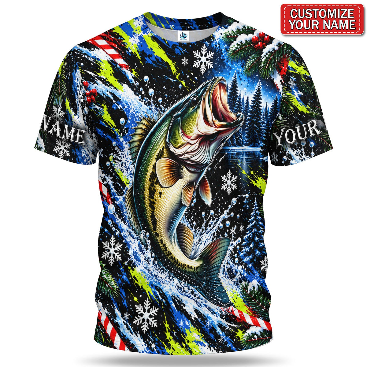 Personalized Jumping Bass and Snowflakes Christmas Fishing T-Shirt