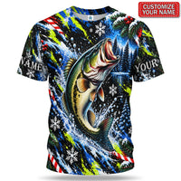 Personalized Jumping Bass and Snowflakes Christmas Fishing T-Shirt