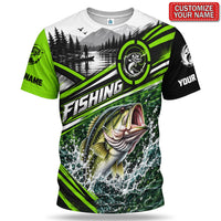 Personalized Bass and Mountain Lake Fishing T-Shirt With Neon Green Accents