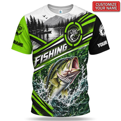 Personalized Bass and Mountain Lake Fishing T-Shirt With Neon Green Accents
