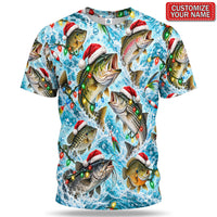 Personalized Santa Hat Fish and Christmas Lights Fishing T-Shirt