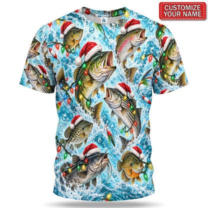 Personalized Santa Hat Fish and Christmas Lights Fishing T-Shirt
