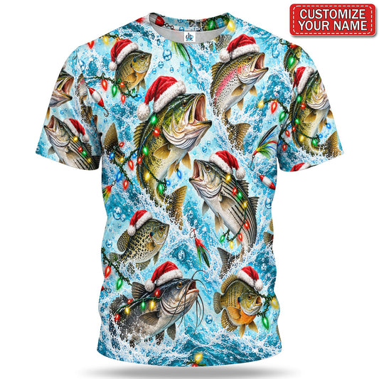 Personalized Santa Hat Fish and Christmas Lights Fishing T-Shirt