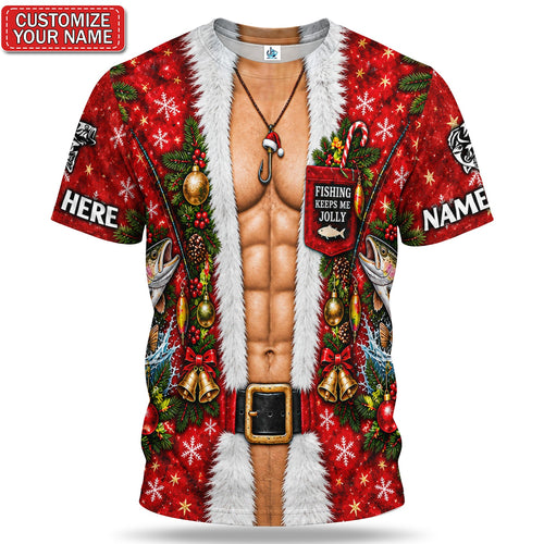 Personalized Christmas Fishing T-Shirt With Trout and Fishing Tackle