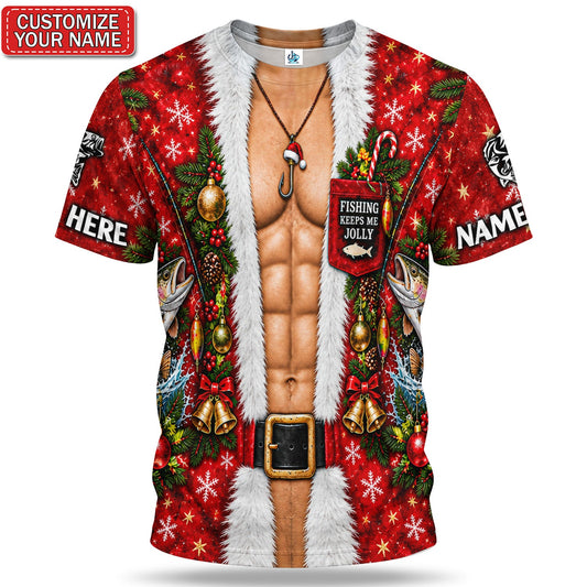 Personalized Christmas Fishing T-Shirt With Trout and Fishing Tackle