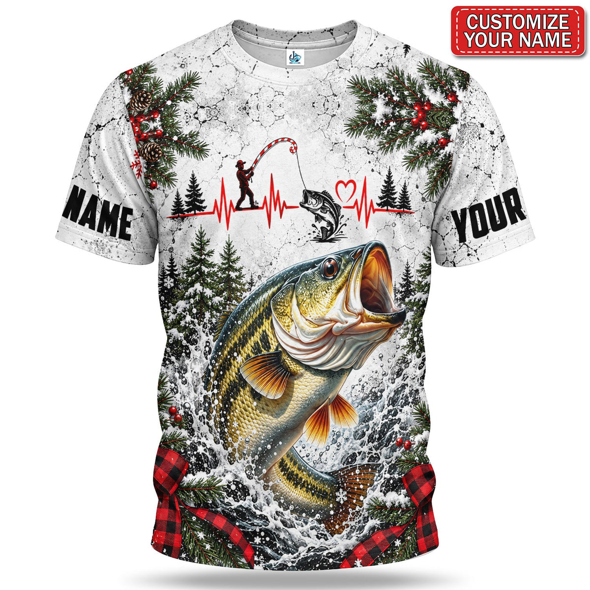 Personalized Christmas Bass and Angler Heartbeat Fishing 3D T-Shirt