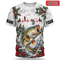 Personalized Christmas Bass and Angler Heartbeat Fishing 3D T-Shirt