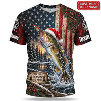 Personalized Santa Fish American Flag Fishing T-Shirt