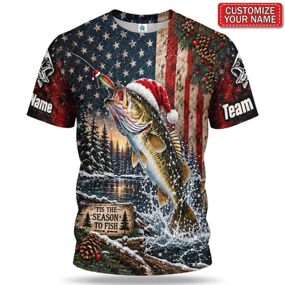 Personalized Santa Fish American Flag Fishing T-Shirt