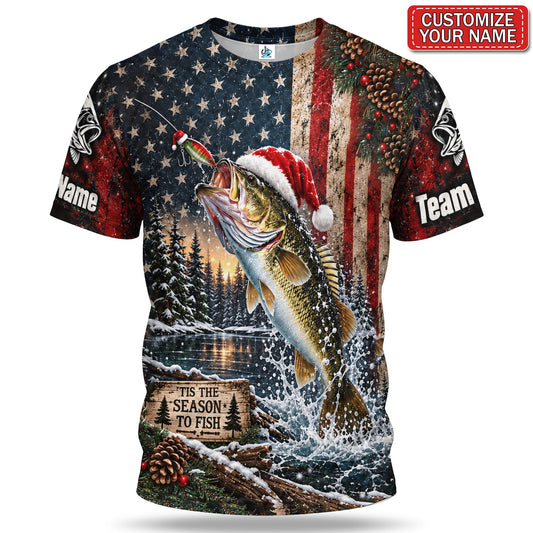 Personalized Santa Fish American Flag Fishing T-Shirt