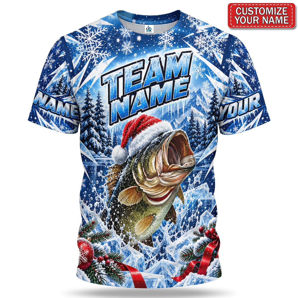 Personalized Christmas Santa Hat Bass Fishing Team T-Shirt