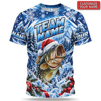 Personalized Christmas Santa Hat Bass Fishing Team T-Shirt