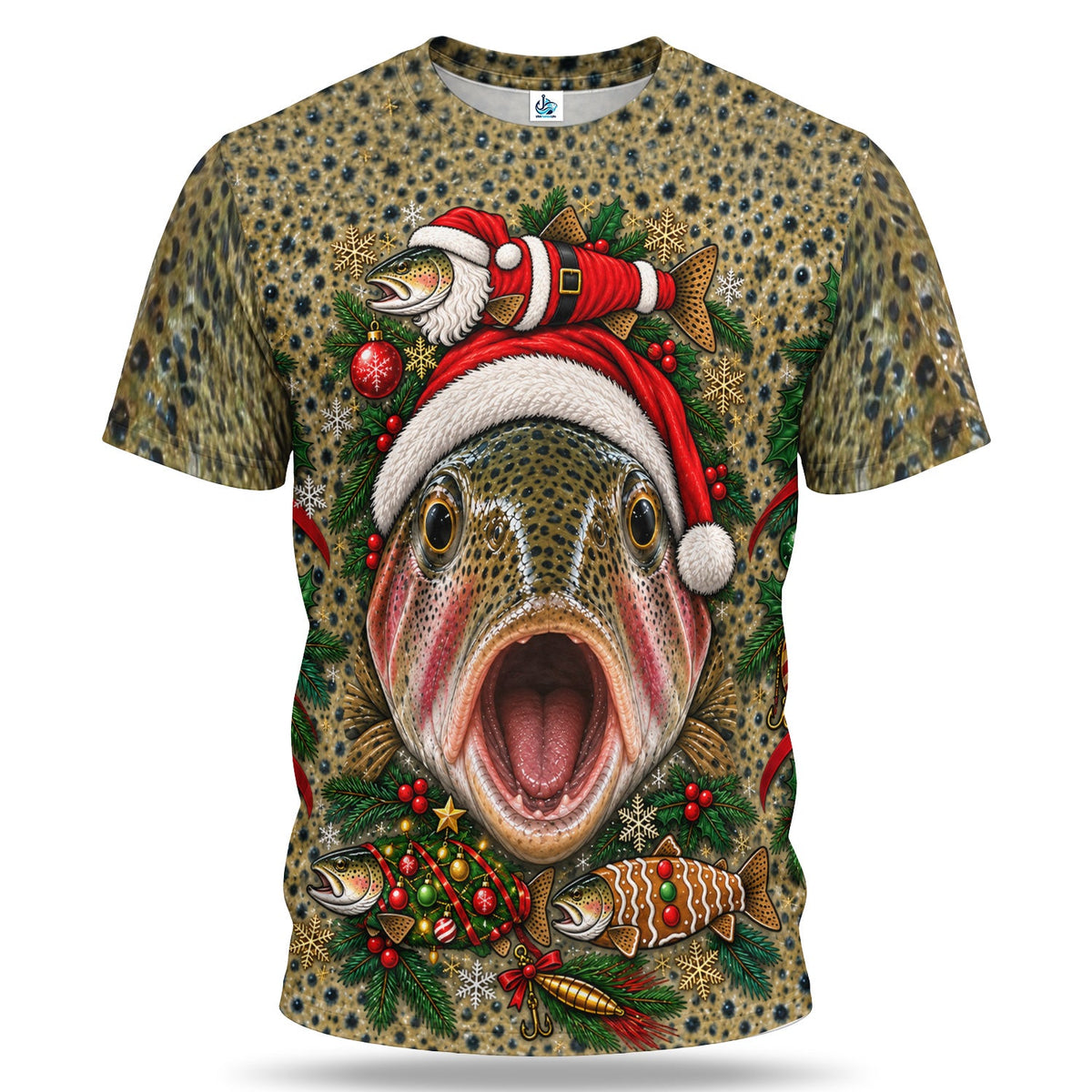 Santa Rainbow Trout and Christmas Ornaments 3D Fishing T-Shirt